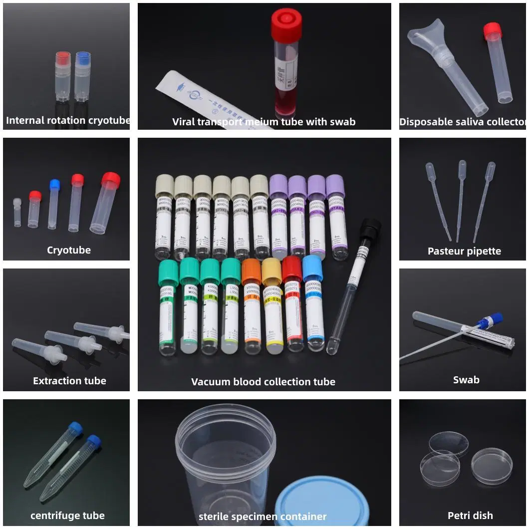 Disposable Medical 1-10ml Empty Pet Plastic EDTA/Plain/Gel&Clot/Heparin/ESR K2 K3 Vacuum Sample Test Blood Collection Tube for Hospital Laboratory
