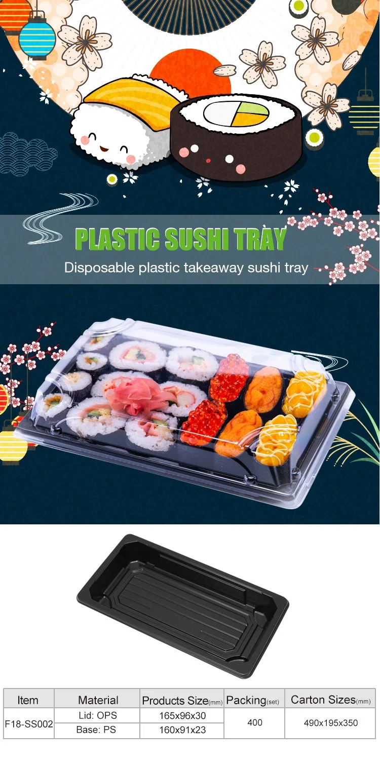Roku Rectangle Sakura Black Plastic Food Box Takeout Sushi Tray with Clear Lid